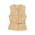 Gilet chic en tweed pour femme avec boutons métalliques, col rond et élégante ceinture assortie. - XS / Or