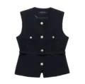 Black tweed vest for women featuring a round neck, gold metal buttons, and a matching belt. - Original Black
