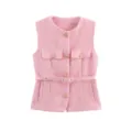 Pink tweed vest for women, sleeveless crewneck jacket with chic gold buttons and a stylish belt. - Glitter Pink
