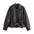 Women's short faux leather jacket with belt lapel stylish autumn outerwear black detail view - XS / Brown