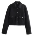Veste courte classique noire en mélange de laine pour femme avec un col à revers et boutons. - S / Noir