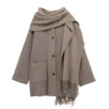 Manteau gilet en tricot pour femme avec écharpe courte vêtements d'extérieur mode hiver - S / Hauts / Kaki