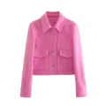 Chaqueta corta de tweed rosa mujer otoño casual camisa abrigo manga larga superior - Rosa