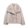 Manteau court élégant et ample en fausse fourrure avec col à revers, version gris clair - XS / Gris beige