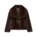 Brown faux fur lapel coat for women, stylish loose winter outerwear jacket for daily wear. - Golden Brown