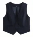 Gilet Court Bleu Marine Femme Col V Casual Été Boutonnage Simple Haut Mode Élégant - M / Bleu marine