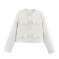 Women's Short Round Neck Tweed Jacket Elegant Gold Button Four Pocket Outerwear Top - Sequin Gold Silk White