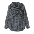 Blouse à manches longues à motif écossais avec détail de nœud élégant, style chic et décontracté. - S / Gris Bleu