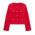 Veste courte rouge à col rond et poches élégantes pour femmes mode tendance de tous les jours. - S / Rouge