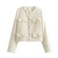 Veste courte chic en tweed crème avec col rond, boutons dorés et quatre poches stylées. - S / Blanc