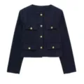 Classic navy blue tweed short jacket for women, featuring chic gold buttons and four stylish pockets. - Navy Blue