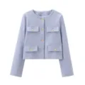 Elegant light blue tweed crop jacket for women with stylish gold buttons and chic pocket details. - Light Blue