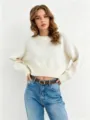 Cozy cream crop knit sweater for women, casual loose long sleeve basic pullover top. - One Size / Milky White
