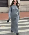 Grey knit sweater and long skirt set detail view, casual loose autumn winter outfit. - One Size / Set / Dark Gray