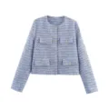 Elegant light blue tweed short jacket for women, classic round neck design with chic buttons. - Blue & White Herringbone