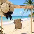 Close up detail of the straw woven crossbody mobile phone bag hanging on beach wooden rack. - Default