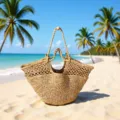 Detailed view of hollow double-handle straw beach bag, showcasing natural woven texture and design. - Regular Fit