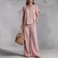 Detailed view of women linen blend short sleeve V-neck top and wide leg pants set in pink. - 3XL / Top And Bottom / Pink