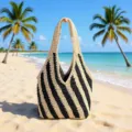 Black and white diagonal striped straw shoulder bag, large capacity beach bag for women. - Black & White Striped