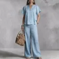 Women linen blend casual two-piece set, stylish V-neck short sleeve top and wide pants. - 3XL / Top And Bottom / Sky Blue
