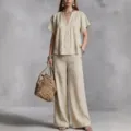 Detail view of a women's linen-like V-neck casual set, perfect for beach vacation and daily wear. - 3XL / Top And Bottom / Ivory