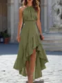 Elegant green halter high low ruffle dress, stylish sleeveless casual women apparel details. - Army Green