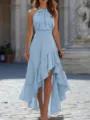 Elegant light blue halter neck high-low ruffle dress for women casual chic summer style - Light Blue