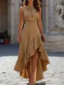 Elegant women's halter neck high-low ruffle dress, perfect for casual outdoor summer wear. - Khaki