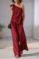 Chic wine red sleeveless one-shoulder top paired with wide leg pants two piece set - S / Burgundy