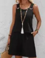 Close-up detail of the casual black two-piece summer set, featuring sleeveless top and shorts. - S / Black
