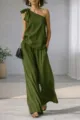 Olive green one-shoulder sleeveless top with bow detail and wide-leg trousers set detail. - S / Green