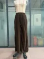 Brown corduroy wide leg pants detail, high waist casual drawstring trousers, comfortable fit. - S / Coffee