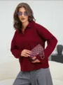 Damen weinrot lose Strick Polo Pullover Herbst Winter Freizeit langarm Oberteil neu - Einheitsgröße / Dunkelrot