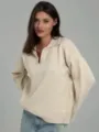 Damen lässiger, lockerer Strickpullover mit Revers V-Ausschnitt, bequemer Langarm Winterpulli. - Einheitsgröße / Aprikose