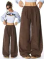 High-waisted corduroy wide-leg pants for women, stylish loose casual drawstring trousers. - S / Coffee