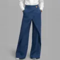 Damen blaue Leinen weite Beinhosen hohe Taille Wickel Front lässige Mode Stil chic - S / Marineblau