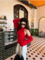 Detail view of the red cold-shoulder knit sweater with chic halter design and stylish shawl. - One Size / Set / Red