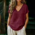 Casual loose V-neck short sleeve blouse for women, comfortable summer linen blend top. - S / Burgundy