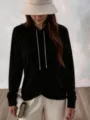 Women casual black fleece hooded sweatshirt with irregular hem and stylish drawstring. - Black