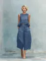 Details of the blue linen blend crop top and wide leg pants set, showcasing texture. - S / Navy Blue