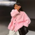 Women pink oversized knit cardigan sweater V-neck single-breasted cozy winter outerwear - One Size / Pink