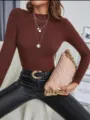 Women autumn winter slim fit ribbed knit sweater elegant long sleeve turtleneck top detail - One Size / Dark Brown