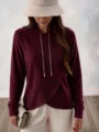 Burgundy crossover hem knit hoodie with metallic chain drawstring for casual daily wear. - Burgundy