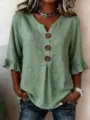 Women's summer V-neck cotton linen button-down top with ruffle half sleeves and wooden buttons. - S / Olive Green