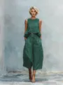 Linen blend two-piece set featuring a sleeveless ruffle crop top and wide-leg pants. - S / Dark Green