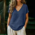 Casual women's dark blue short sleeve V-neck linen blend top, relaxed fit summer blouse. - S / Navy Blue