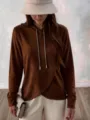 Detail view of brown German velvet crossover hoodie with metallic drawstrings and cozy fit. - S / Coffee