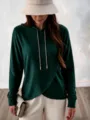 Dark green crossover fleece hoodie with drawstring and asymmetric hem for women. - S / Dark Green