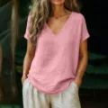 Pink v-neck linen short sleeve top detail view, casual loose summer outfit lifestyle shot. - S / Pink