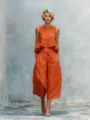 Chic women's linen blend two-piece set featuring a sleeveless ruffle top and cropped pants. - Orange Red